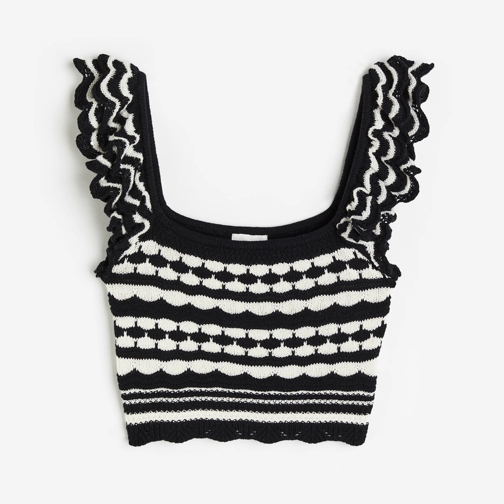 H&M Black & White Knit Crop Top with Ruffle Straps Women’s Size M